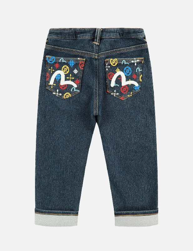 Denim Jeans with Logo-Pattern Print Pockets