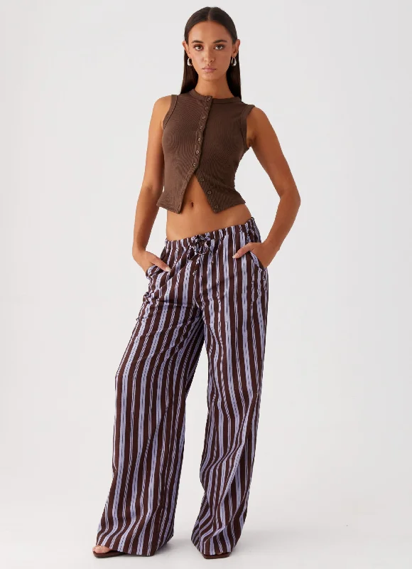 Fresh Face Linen Pants - Purple Brown Stripe