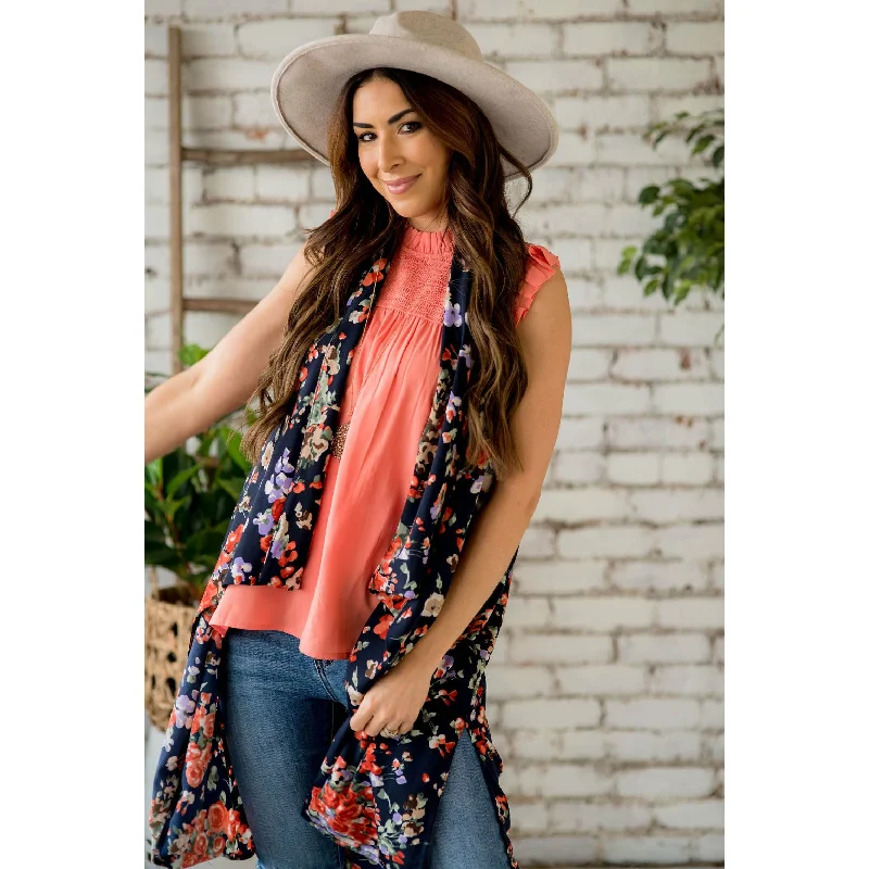 Navy Floral Kimono Vest