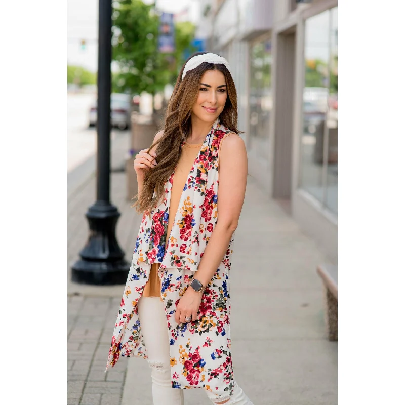 White Floral Kimono Vest