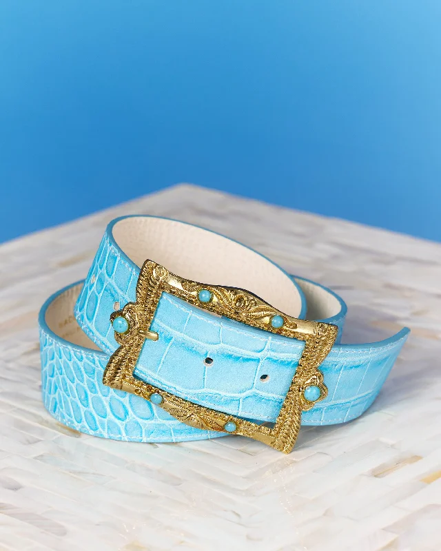 Blair Leather Belt in Croc-Embossed Turquoise