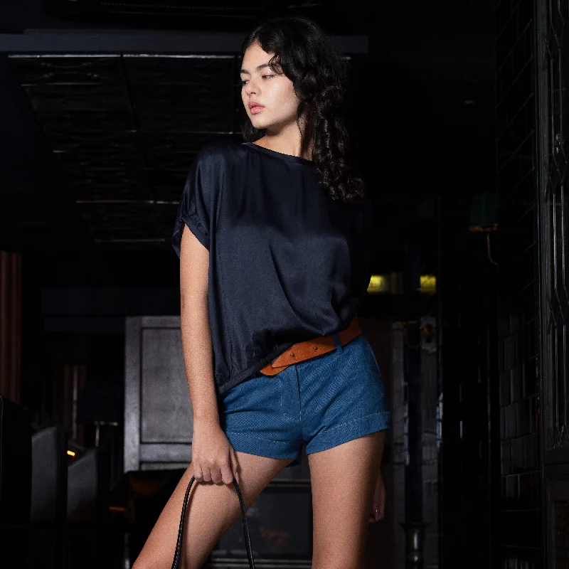 BOX SS TOP - Rayon Viscose Satin | Midnight Blue