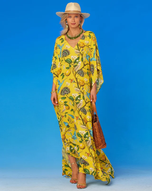 Flora Kaftan in Yellow Hummingbird Print