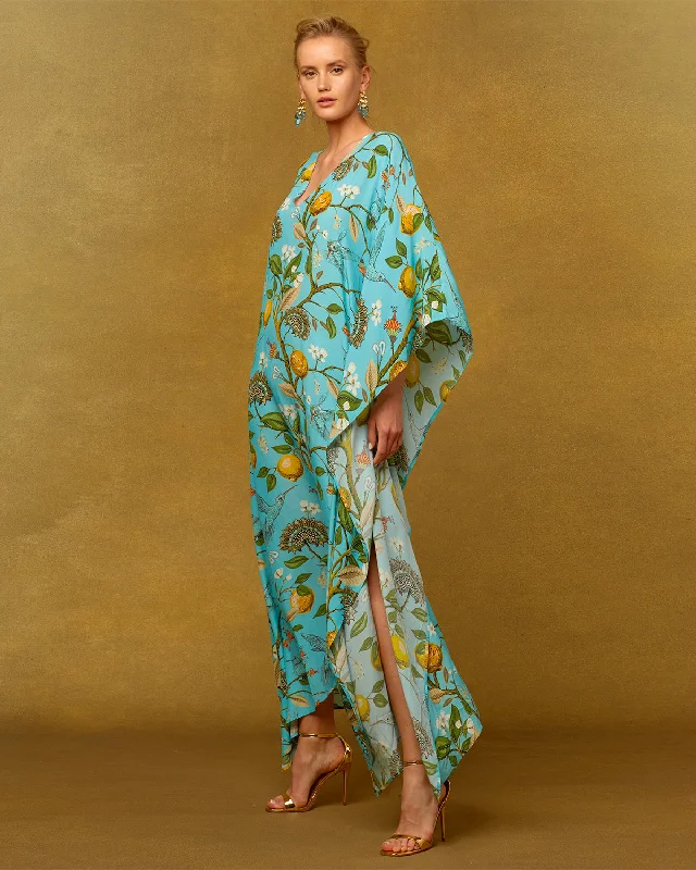 Flora Kaftan in Turquoise Hummingbird Print