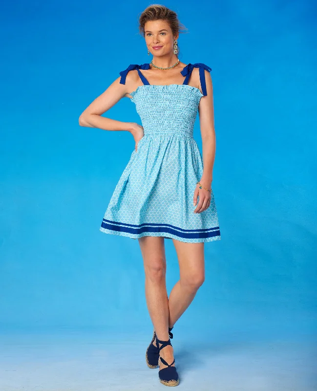 Gwen Smocked Short Dress in Light Blue Alhambra Print