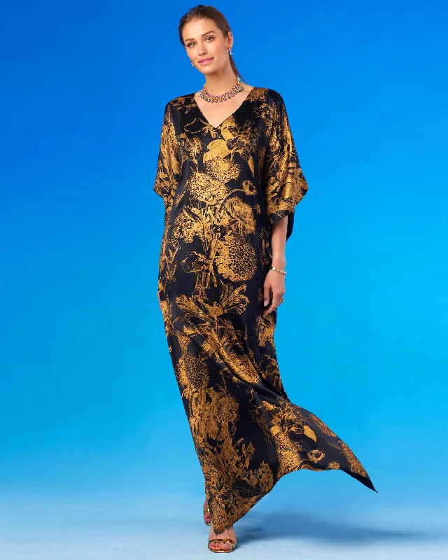 Shireen Black Silk Kaftan in Bronze Gold Floral Toile