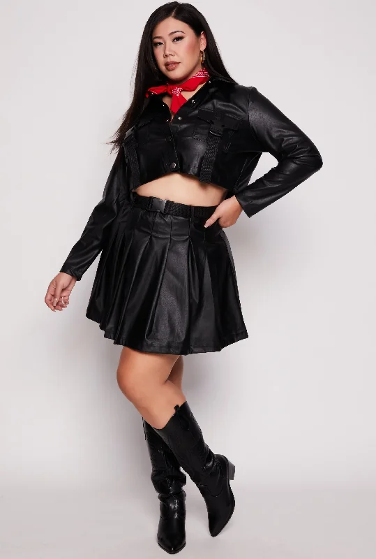 Plus Size Belted Faux Leather Pleated Skirt