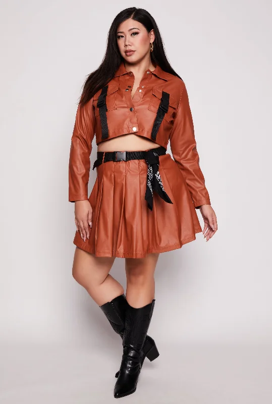 Plus Size Belted Faux Leather Pleated Skirt