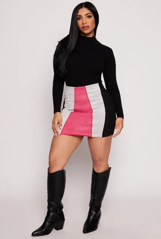 Faux Suede Color Block Pencil Skirt