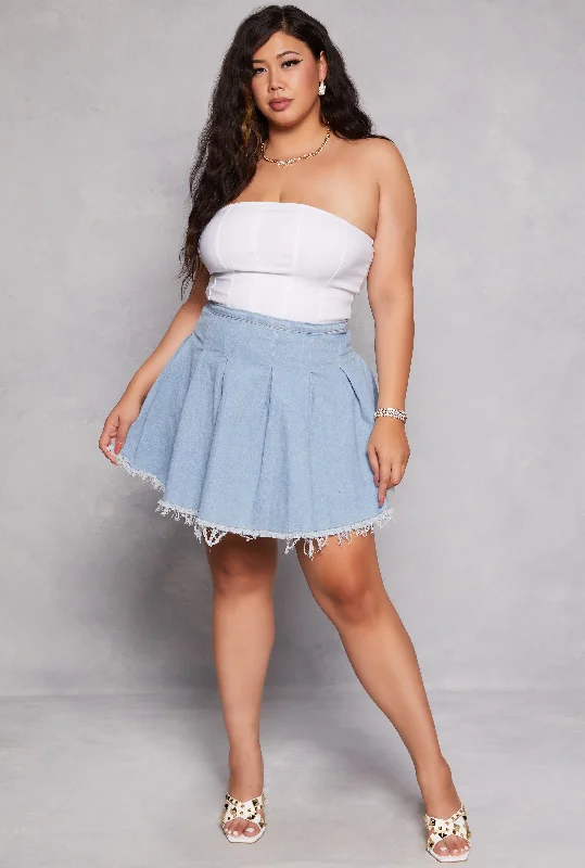 Plus Size Daisy Denim Frayed Hem Pleated Skirt