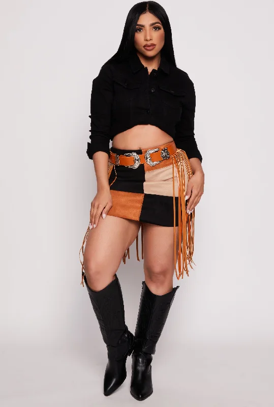 Faux Suede Color Block Mini Skirt