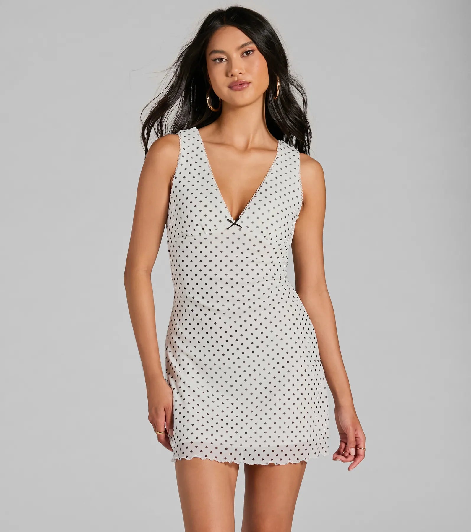 Sweet Style Bow Detail Polka Dot Mesh Mini Dress